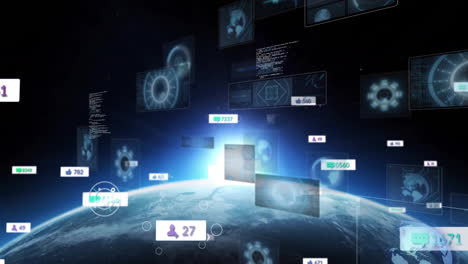 Holographic animation of digital data floating over Earth in futuristic scene