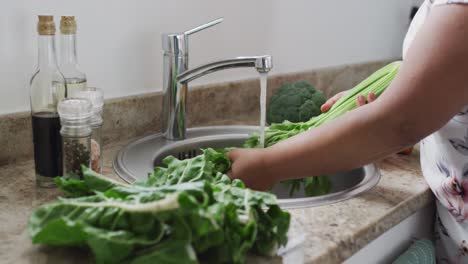Midsection-of-african-american-senior-woman-in-kitchen-washing-vegetables-under-tap-in-sink