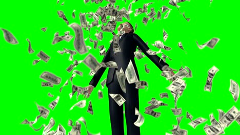 businessman and money rain on a green background