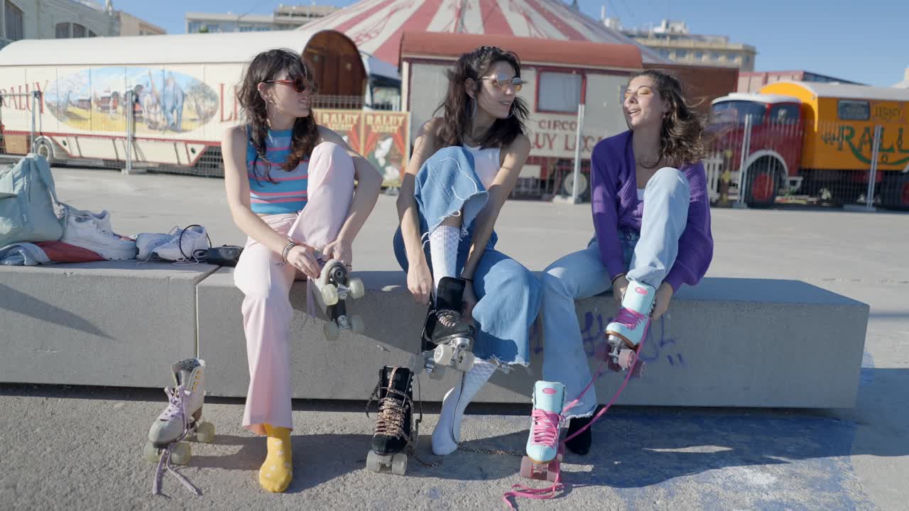 Friends Roller Skating at a City Park