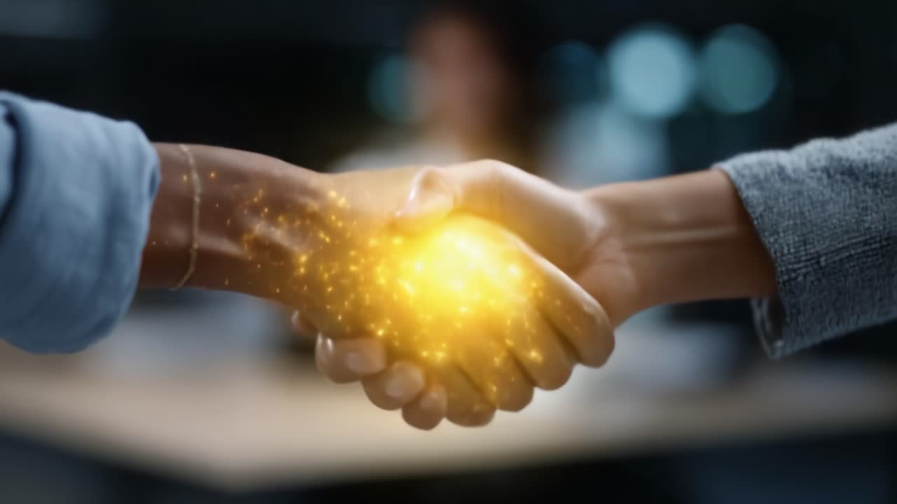 A Powerful Handshake Symbolizing Partnership and Collaboration, Enhanced by Glowing Sparks of Innovation and Trust in a Professional Environment