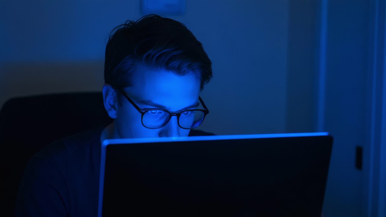 Focused Individual Absorbed in Blue Light from Laptop, Engaged in Intense Work Late at Night, Highlighting the Impact of Technology and Screen Time on Daily Life