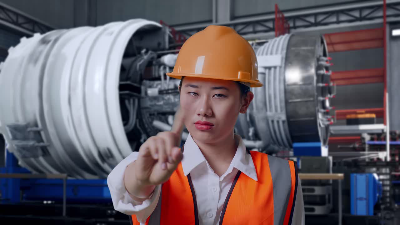 Woman Engineer Showing Stop Gesture in Industrial Setting