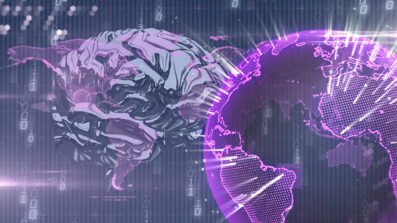 Animación de cerebro digital y globo luminoso con código binario en temática tecnológica