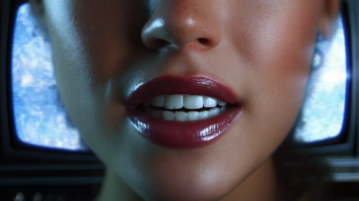 Close-Up of Model's Glossy Lips and Expressive Smile Amidst Electric Blue TV Background, Capturing Modern Aesthetic and Emotion in Futuristic Context