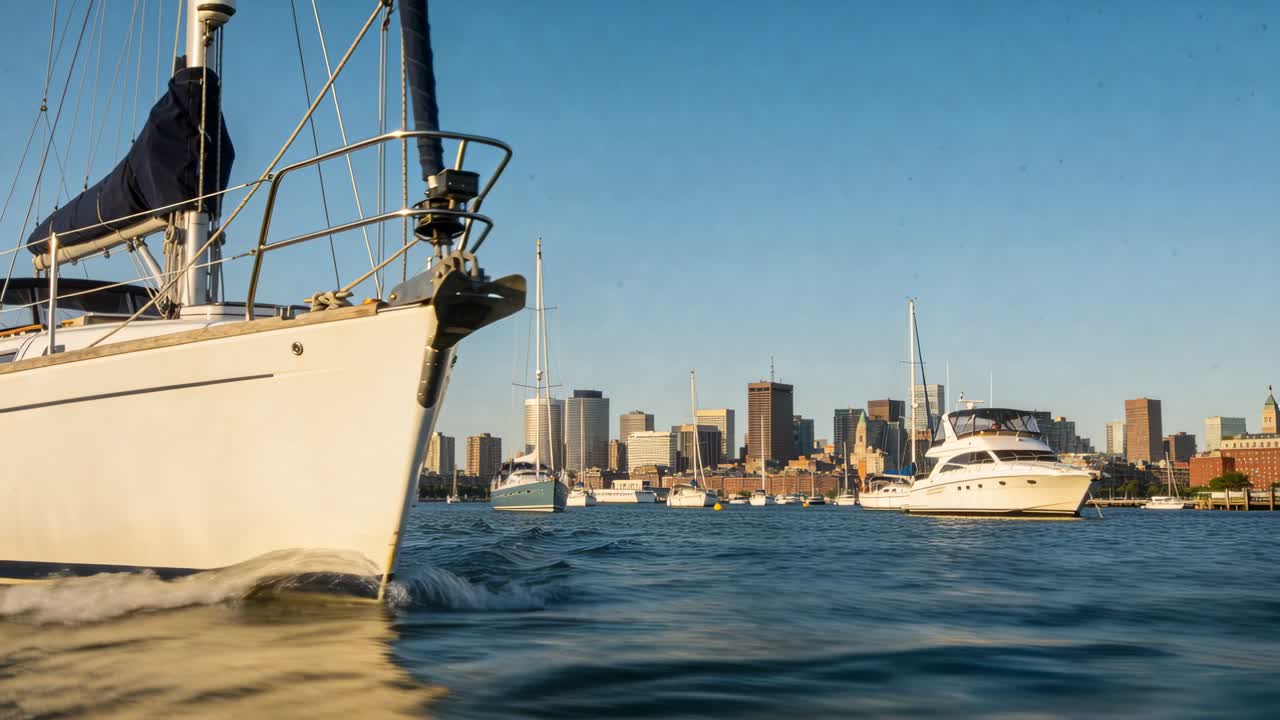 Telecamera che si allontana da una prua ravvicinata, barca a vela che solca le onde del porto, mostrando lo skyline di yacht per pubblicità nautiche.