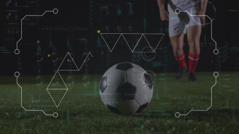 Animation-of-microprocessor-connections-over-low-section-of-male-soccer-player-kicking-the-ball