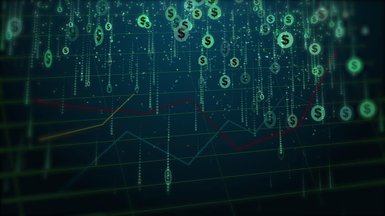 Dollar icons in circles falling down. Financial graph of the currency market. Abstract loop animated business background.