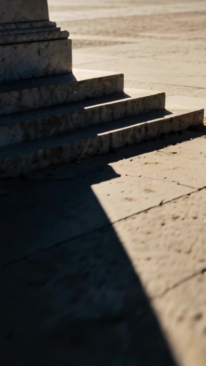 Vertical video: Panning camera sliding past stone plinth at plaza documenting worn steps and shadow