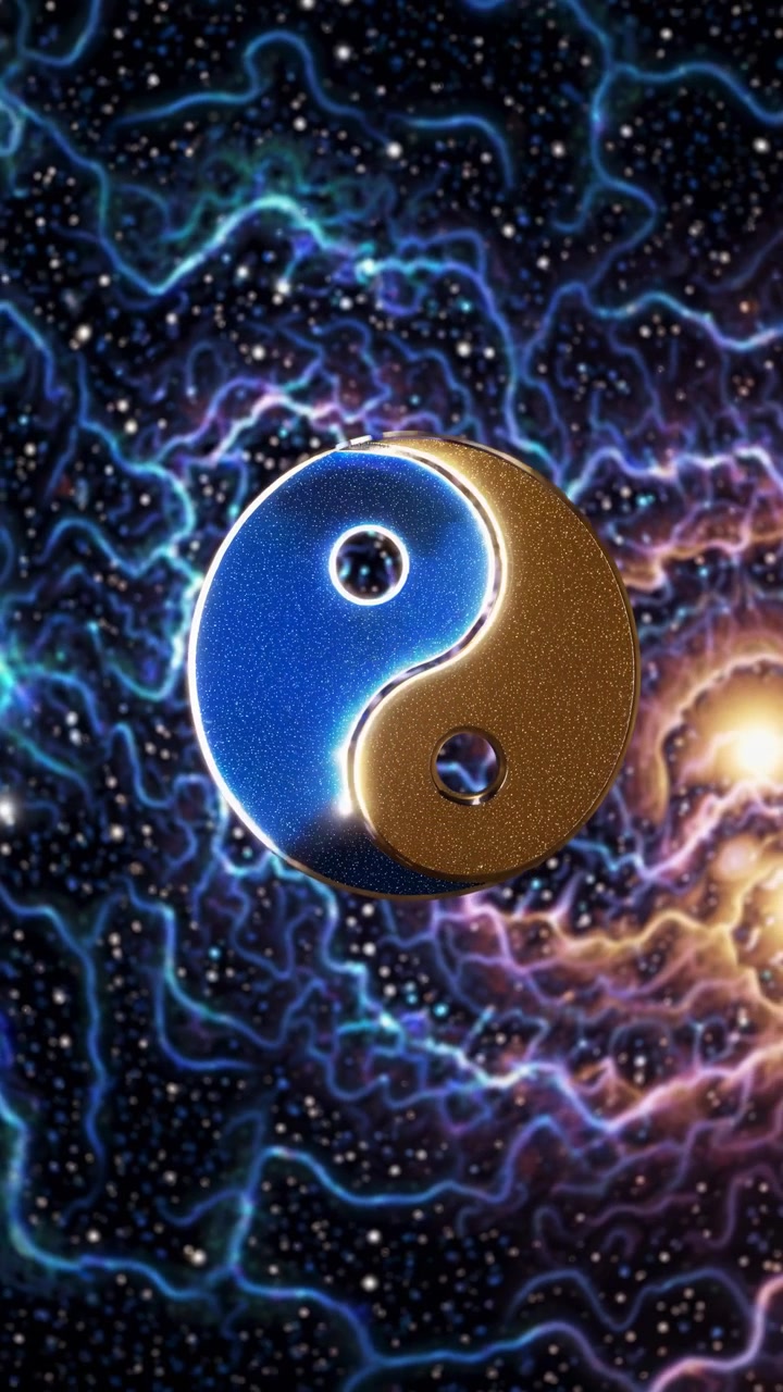 Simbolo Yin Yang dinamico in trasformazione su sfondo di nebulosa cosmica