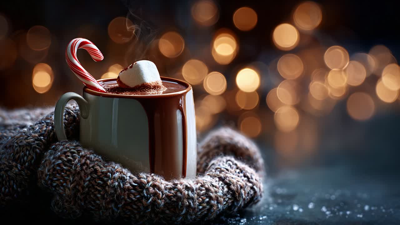 A Cozy Cup of Hot Chocolate with a Candy Cane and Marshmallow on a Warm Knit Sweater, Set Against a Beautiful Background of Soft, Blurry Bokeh Lights Creating a Warm Holiday Atmosphere