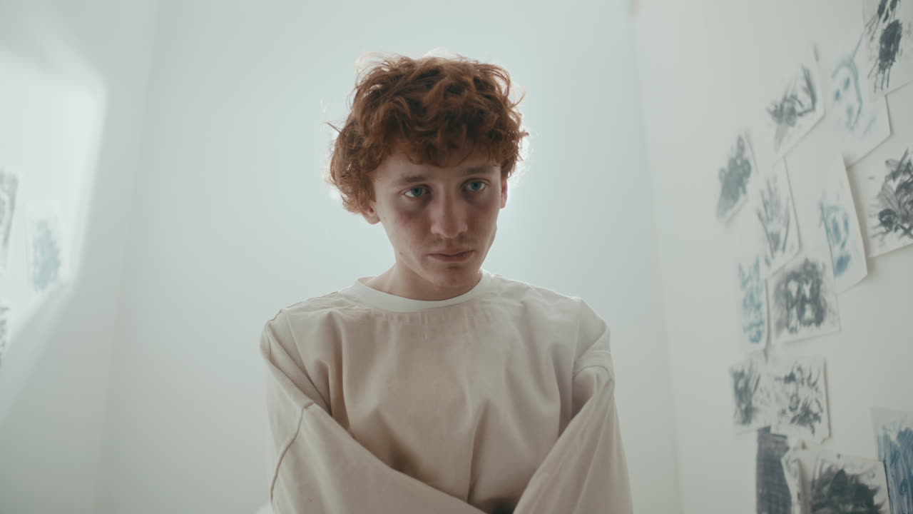Psychiatric Patient in Restraint Gown Staring Blankly Ahead in Asylum