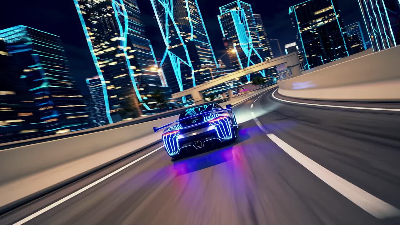 Dynamic low-angle shot of a futuristic car speeding through a neon-lit cityscape