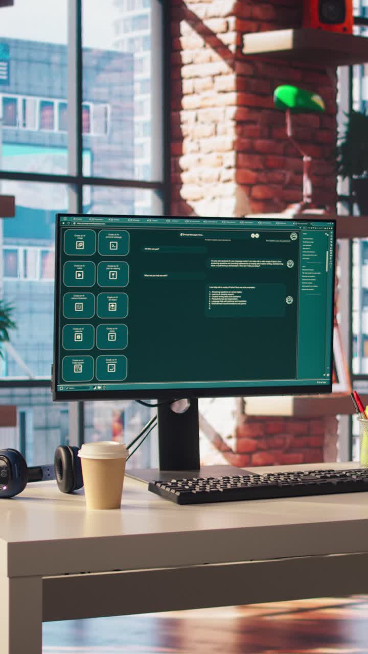 Vertical video AI LLM chatbot software interface on PC in home office showing virtual assistant