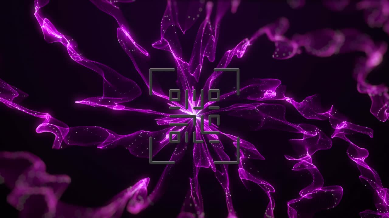 Animation of white qr code over explosion of purple light trails