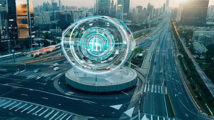 Paesaggio urbano futuristico con sfera olografica