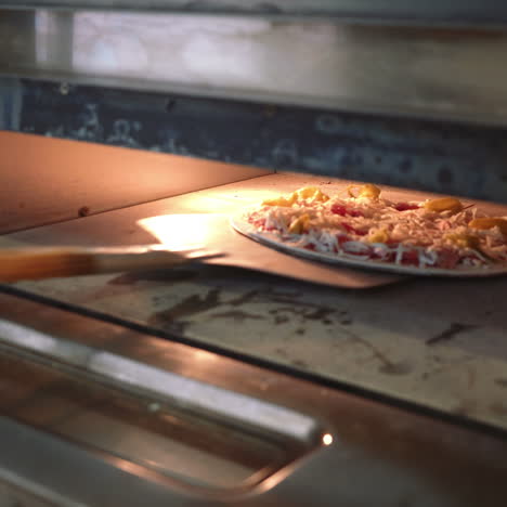 process of making a pizza. chef introducing a pizza in a hot oven in a restaurant kitchen. sqare video