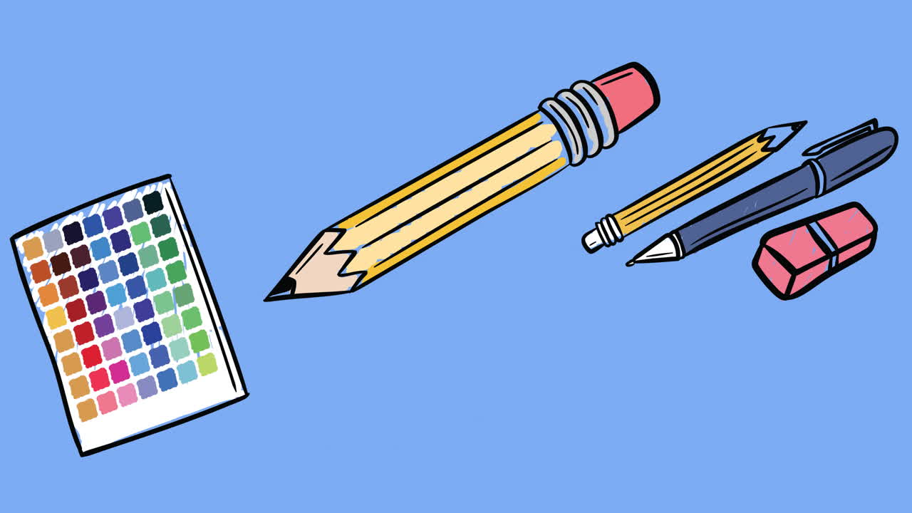 animación de los iconos de los artículos escolares en fondo azul