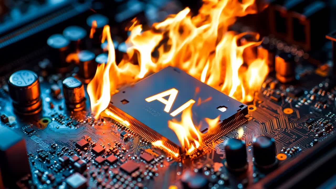 A computer motherboard on fire with the word AI on it