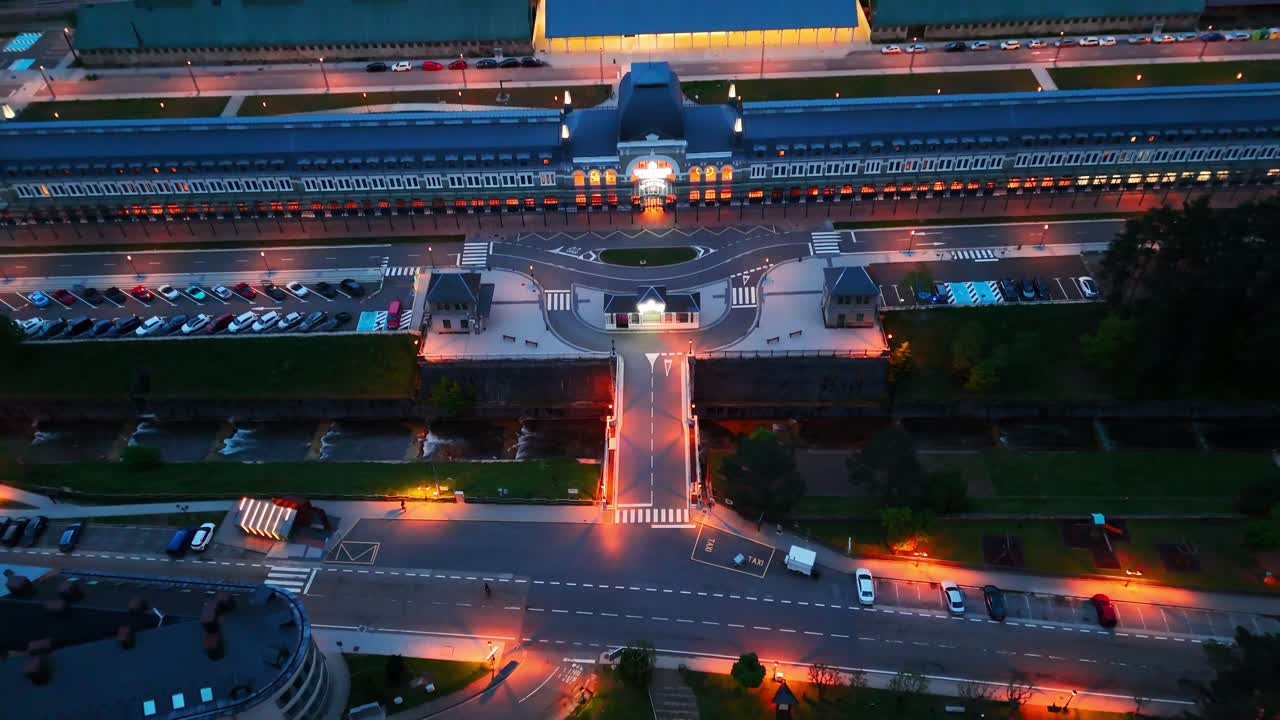 Spanish train station at dawn (drone footage)