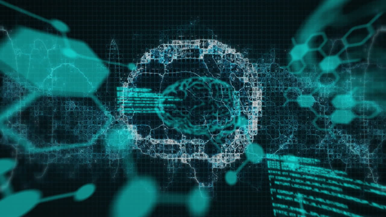 Brain and data processing animation over digital interface with blue elements