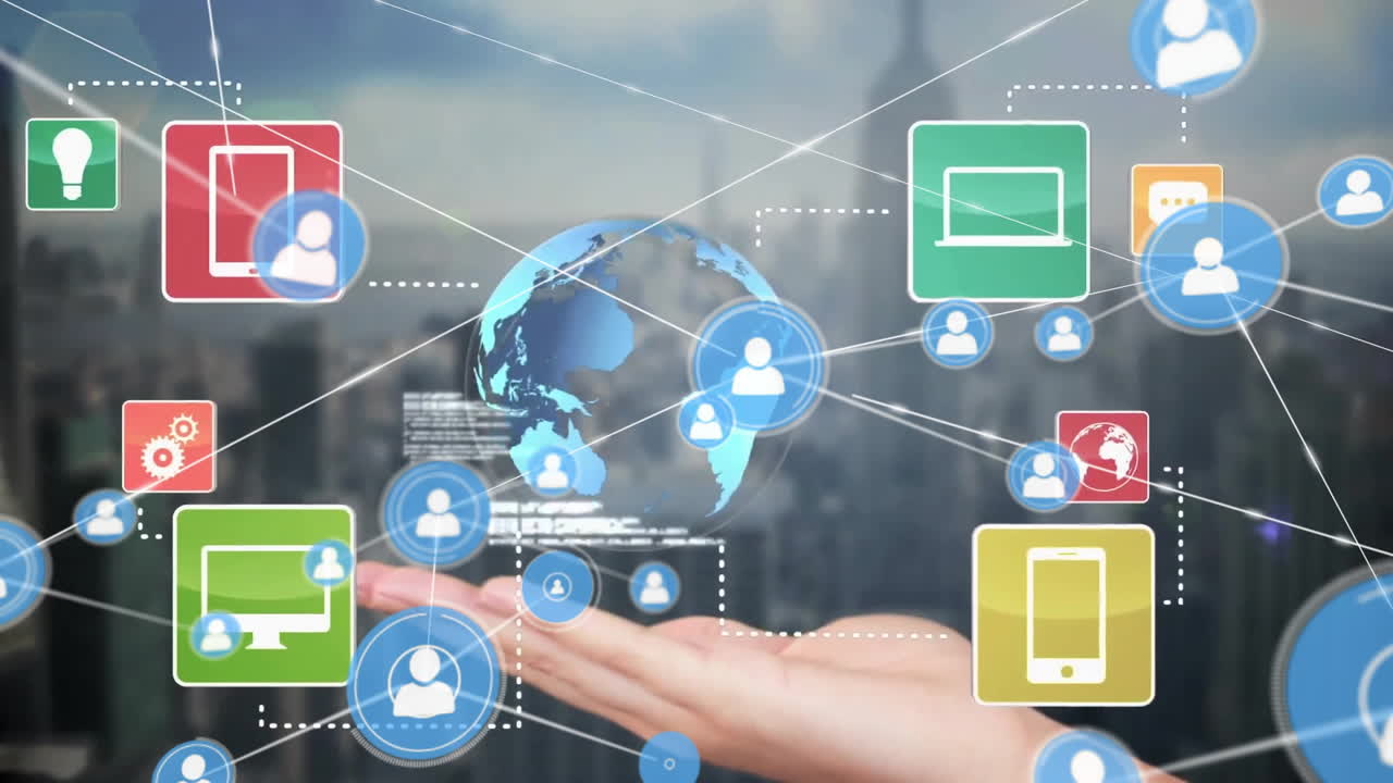 Holding digital globe, hand showing network of connected icons and animation lines