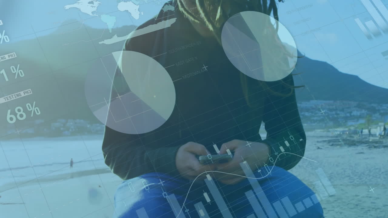 persona con teléfono inteligente, persona con procesamiento de datos financieros animación sobre el fondo de la playa