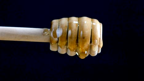 pouring honey to dipper stick against black background