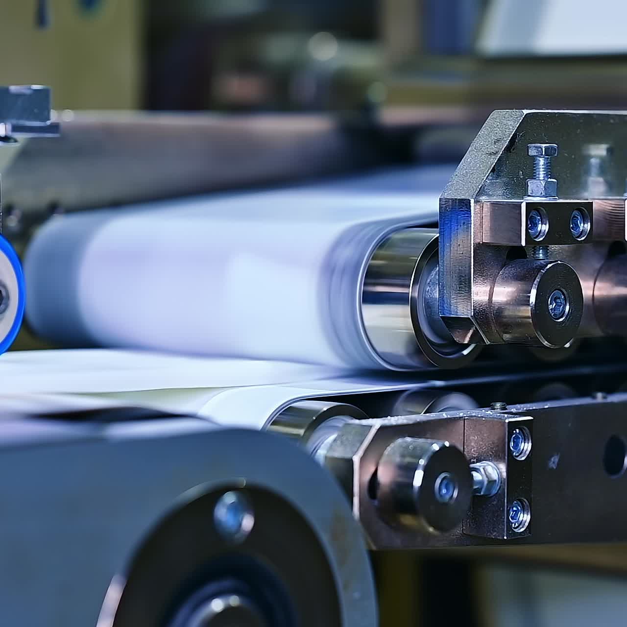 Conveyor line at the modern diaper plant. Massive metal fasteners holding the conveyor belt equipment. Close up