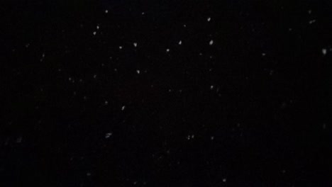 slow-motion capture of delicate snowflakes drifting through night sky on black background.