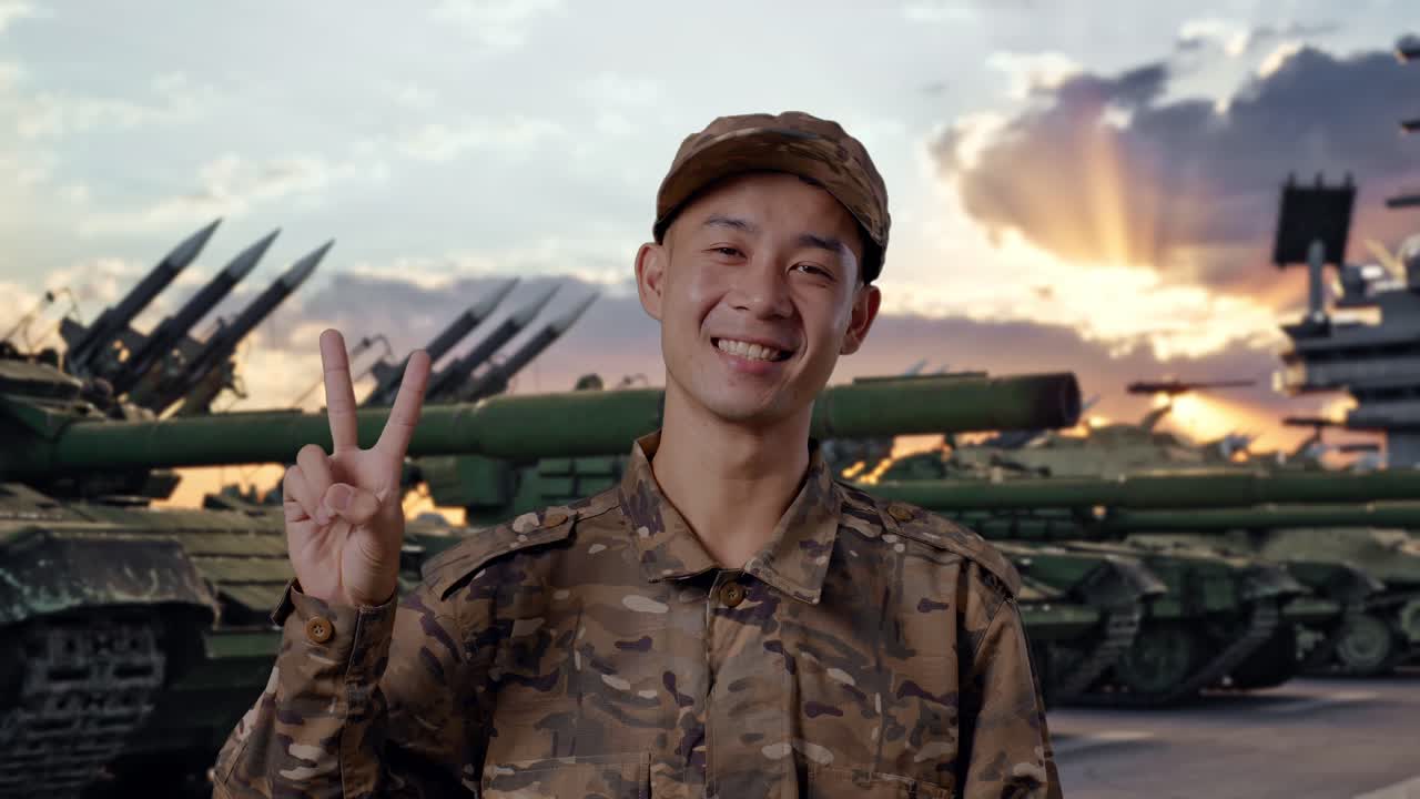 Close de um soldado asiático sorrindo e mostrando o gesto de paz para a câmera enquanto está em pé perto de um tanque