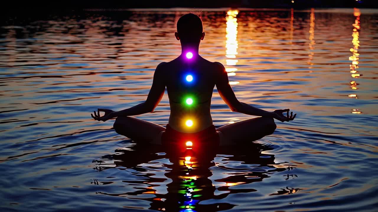 Silhouette of a woman meditating in lotus position on water surface at sunset, with glowing chakras aligned along her spine, creating a serene and spiritual atmosphere