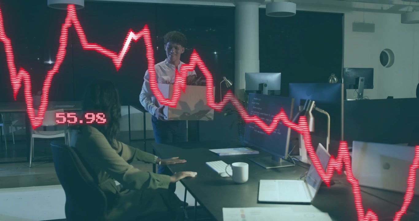 Analyst pausing typing in finance with red chart overlay to discuss colleague arrival with box