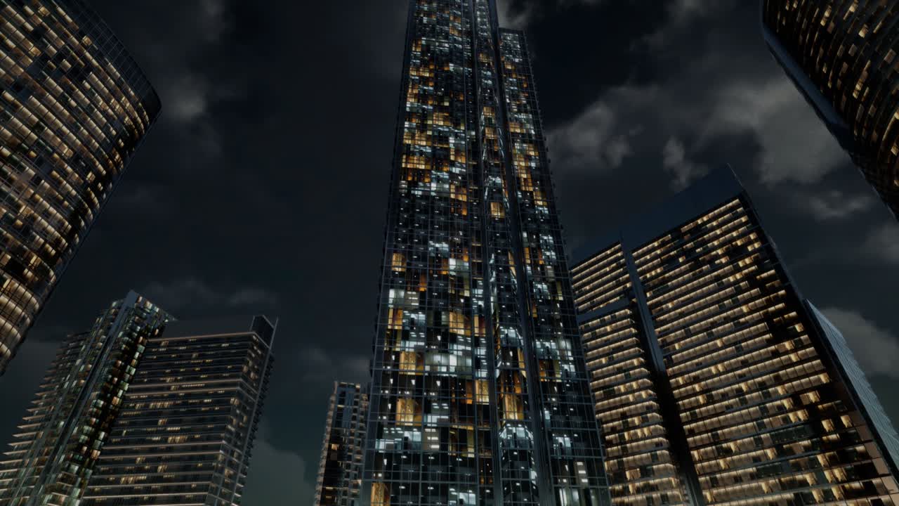 edificios de oficinas de rascacielos de vidrio con cielo oscuro