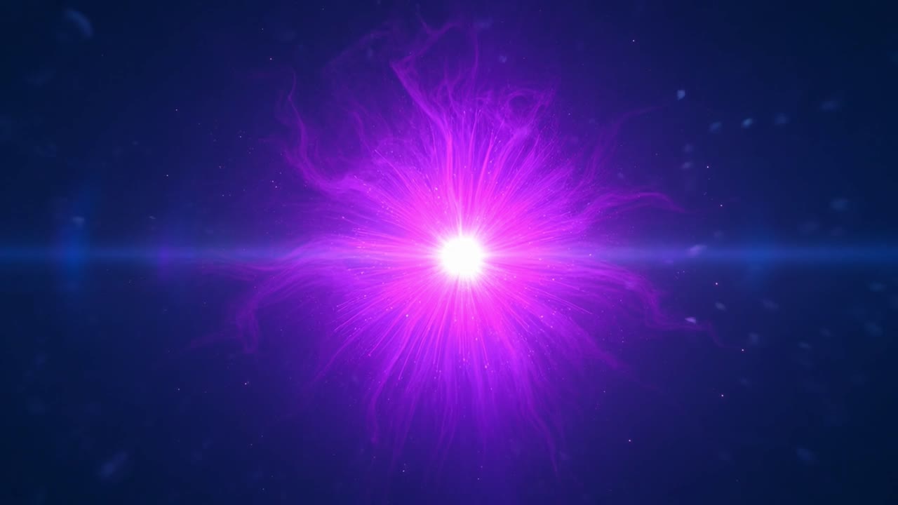 Esplosione di luce viola energica con particelle fluttuanti