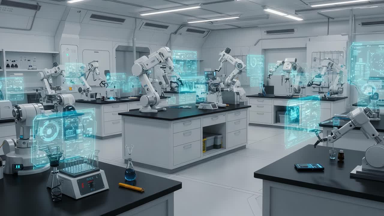 Futuristic Laboratory Featuring Advanced Robotic Arms and Digital Interfaces for Scientific Research and Experiments in a High-Tech Environment