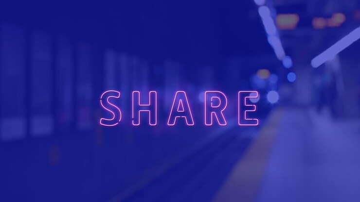 Animation of share text over underground on blue background