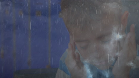 animation of sick boy massaging his temples with heavy rain and lightning striking