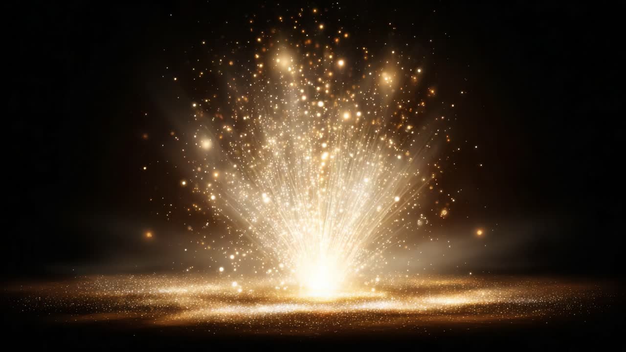 A breathtaking visual explosion of shimmering golden particles radiating outward in a mesmerizing display, capturing a moment of magic and wonder, revealing beauty in motion