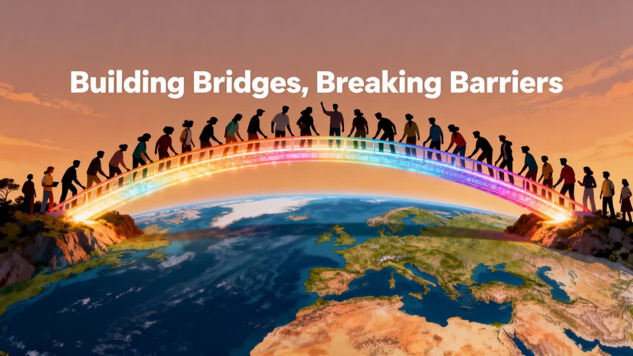 Walking silhouettes from cliffs to rainbow-bridge over Earth, Building Bridges, Breaking Barriers