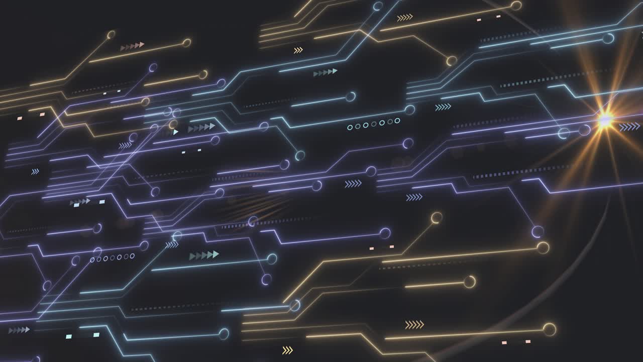Pulse starting neon rails pulsing and shifting nodes glowing gold flare blooming showing data flow