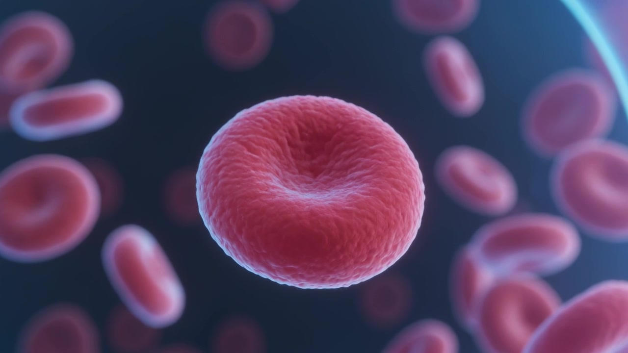 Camera zooming central red cell rotating inside plasma vessel lumen to reveal membrane detail