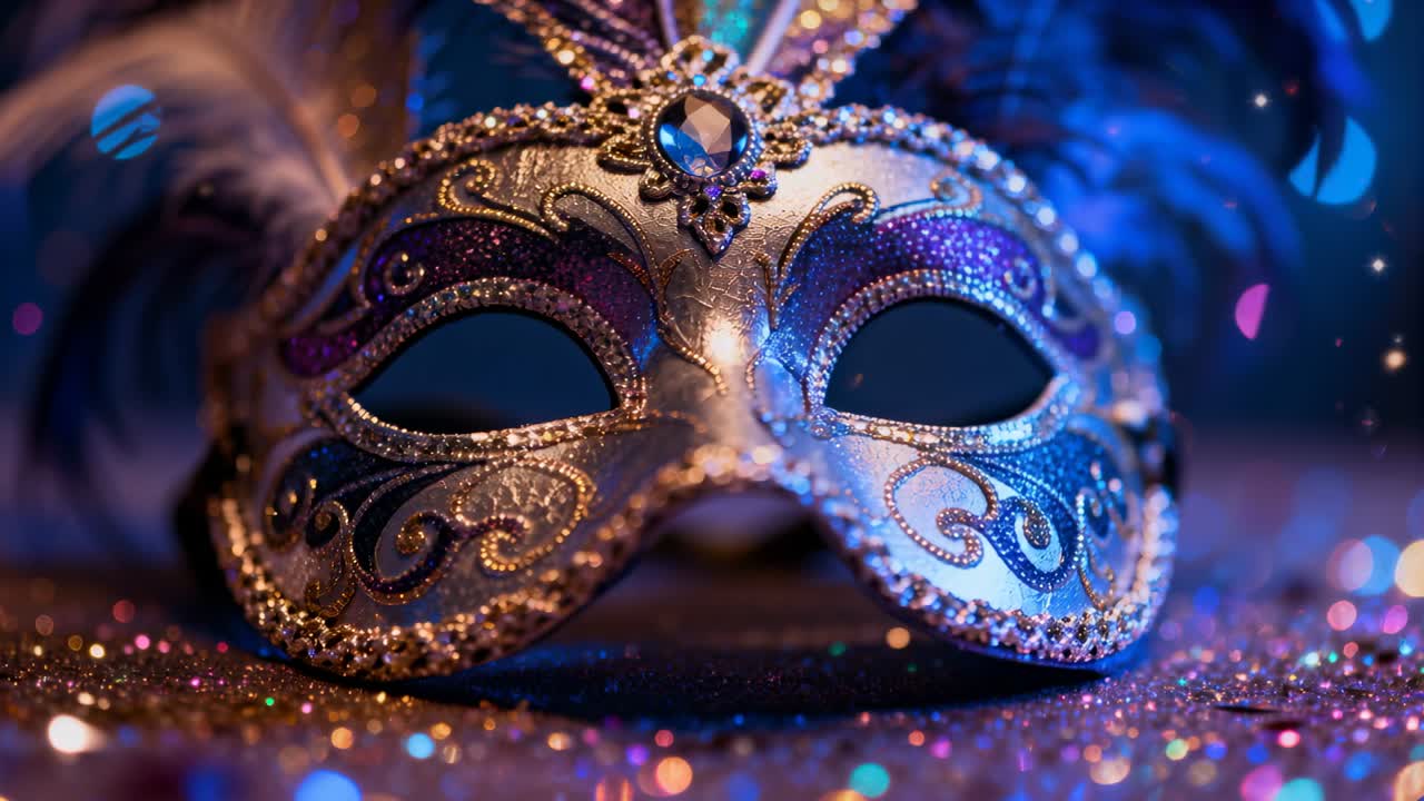 Telecamera in movimento che mette a fuoco una maschera su una superficie glitterata, evidenziando una gemma e una piuma.