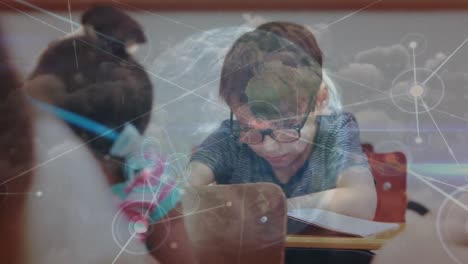 Animation-of-network-of-connections-and-globe-over-diverse-schoolchildren-in-classroom