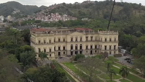 Aerial-view-of-the-nacional-museum-of-Rio-de-Janeiro,-Brazil,-right-after-it-got-destroyed-by-the-fire-in-2018