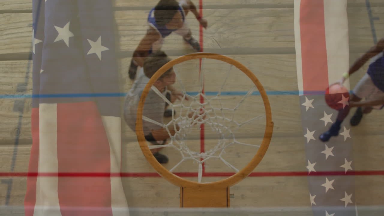 Playing basketball on court, athletes with American flag animation overlay