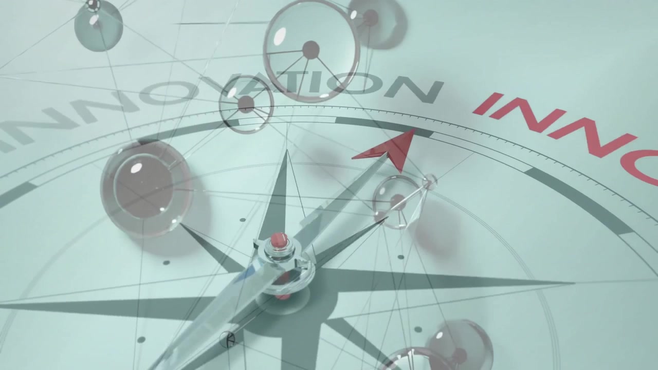 Opening compass rose, spheres forming network, tilting camera highlighting innovation
