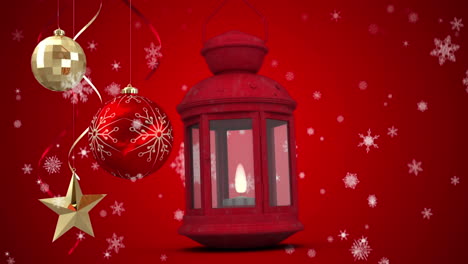 animación de linternas y bolas de navidad sobre fondo rojo