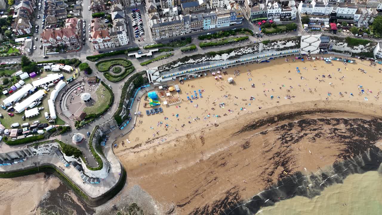 Overhead birds eye drone aerial view Broadstairs Kent seaside town UK summer