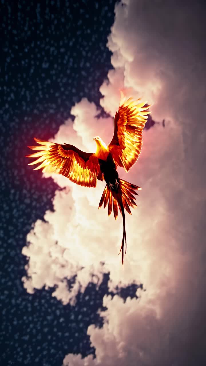 A majestic phoenix with fiery wings soars against a dramatic cloudy sky, captured from a low-angle